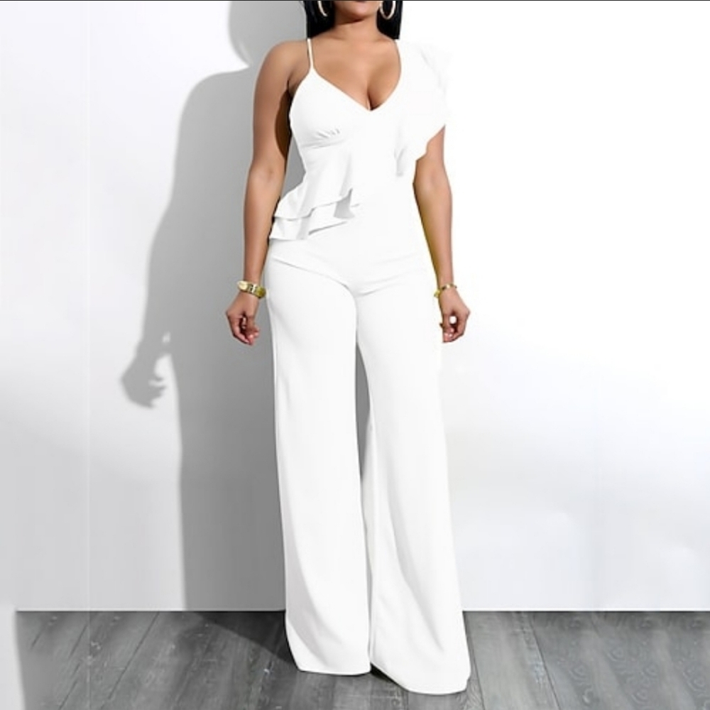 Women's Jumpsuit Ruffle Backless White One- shoulder